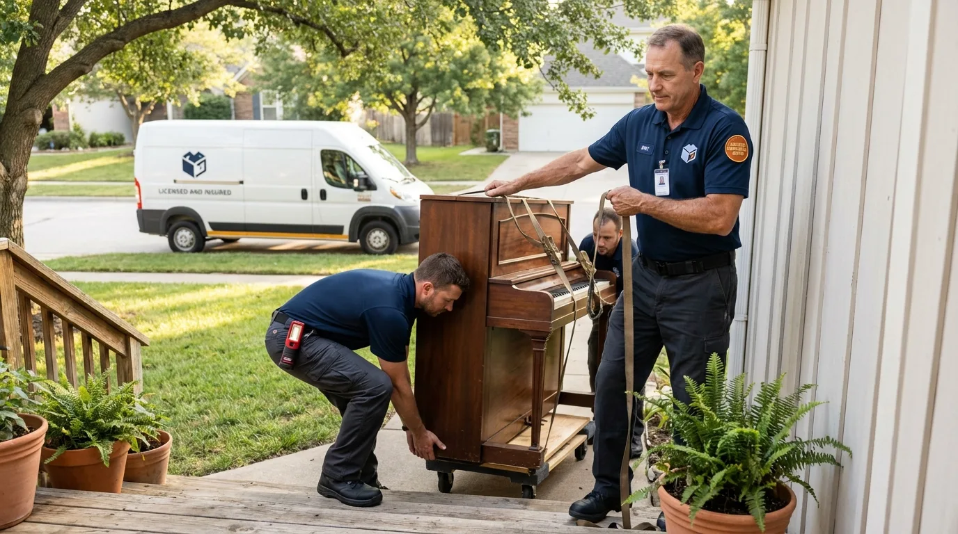 Licensed piano movers securing grand piano in Wolfeboro, NH