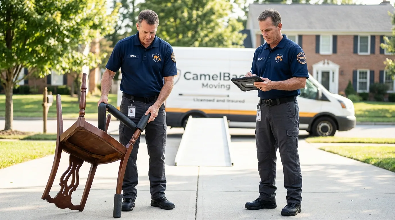 Movers inspecting furniture for damage prevention before loading in Wolfeboro, NH